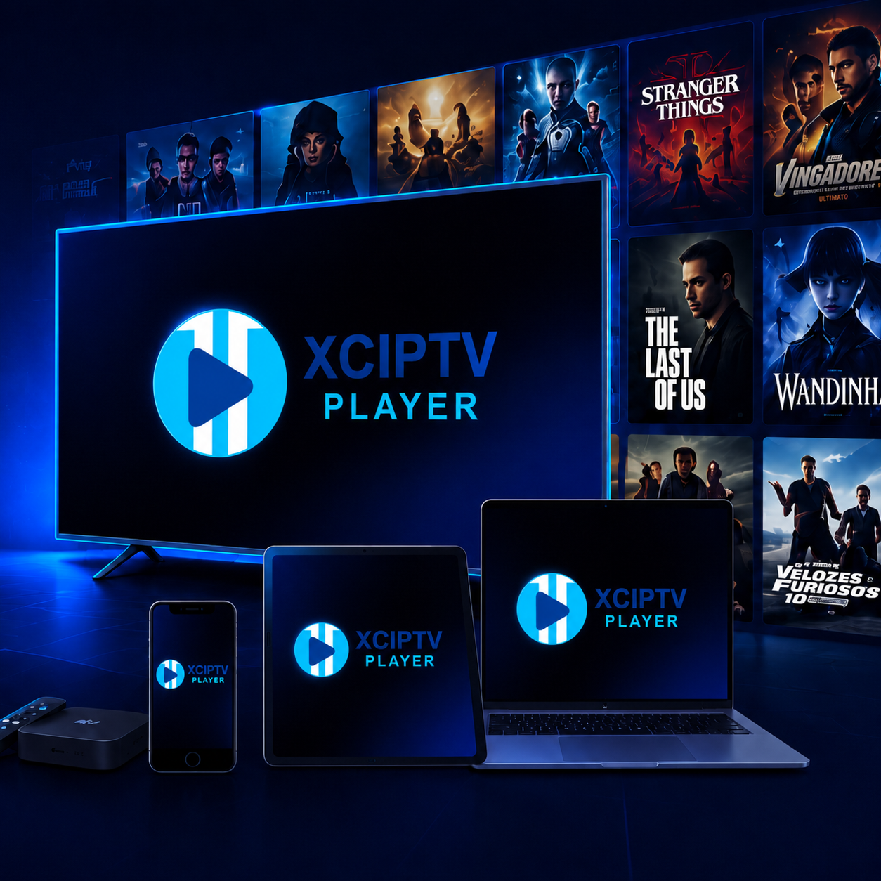Interface do aplicativo XCIPTV com catálogo de filmes e séries
